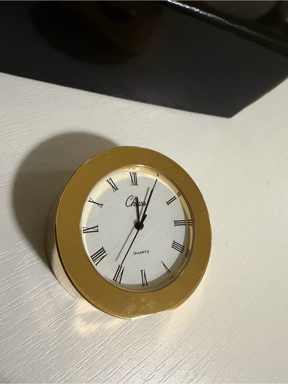 Chass Gold Tone Mini Desk Clock w/ Box & Pouch